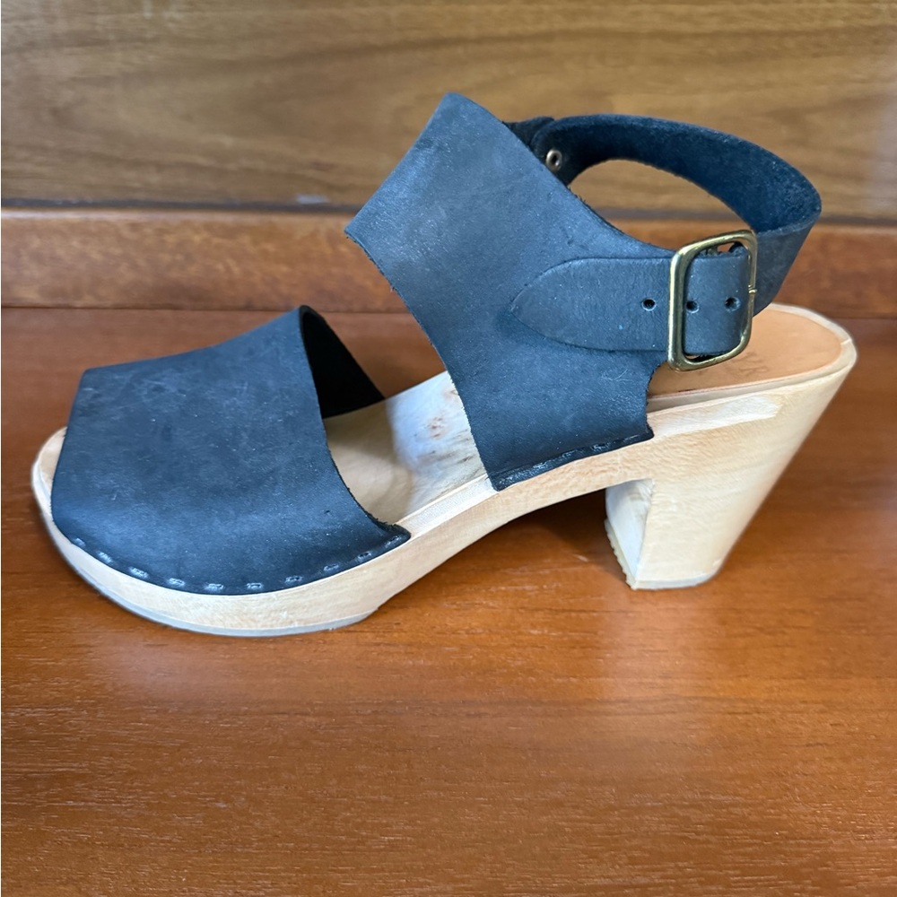 Bryr High Miranda Spanish Toe - Black Suede Clogs with Wooden Heel